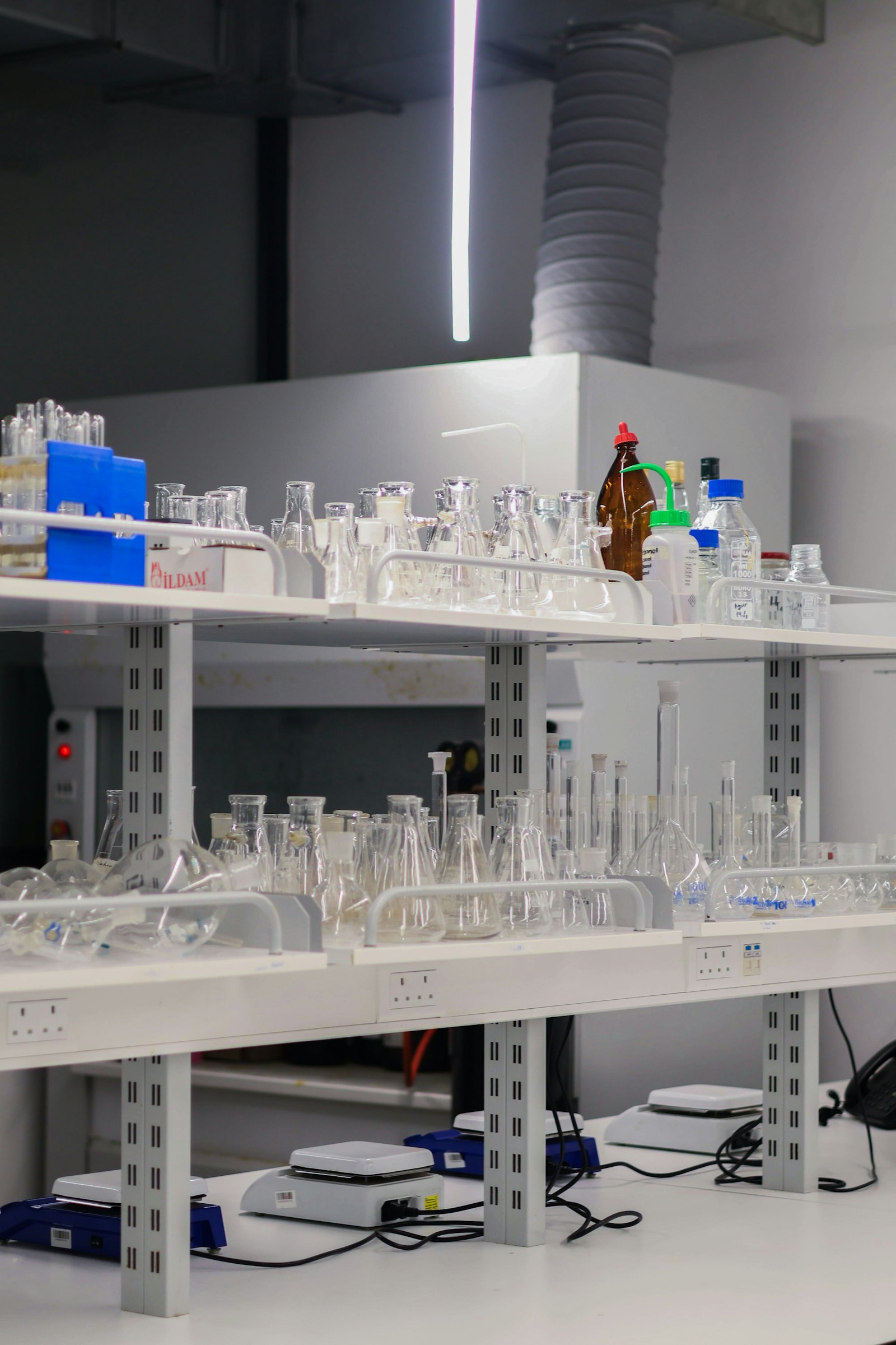 Quality control testing laboratory with high precision analytical equipment and dual analyst verification