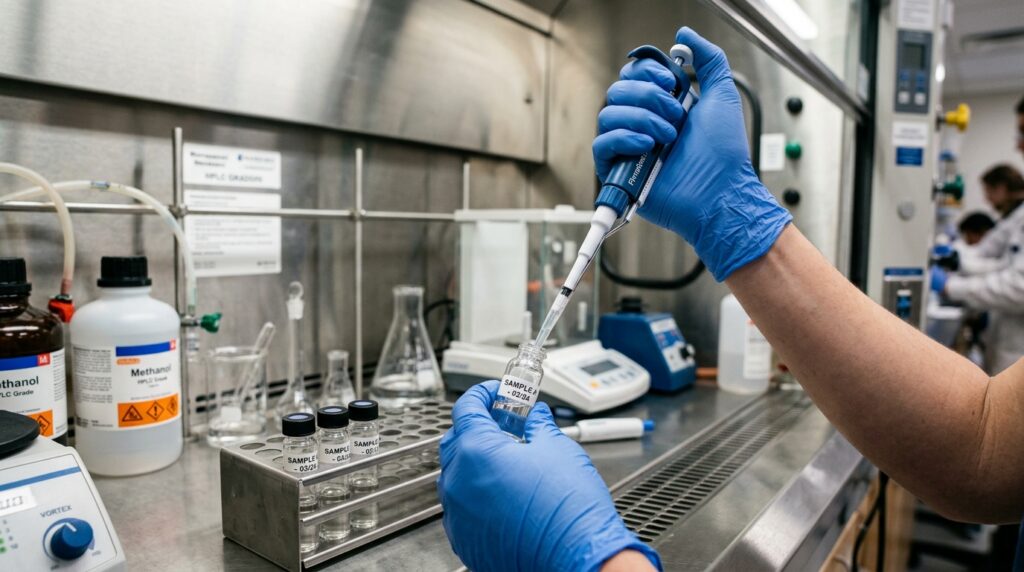 Precision micropipetting sample preparation in laboratory fume hood