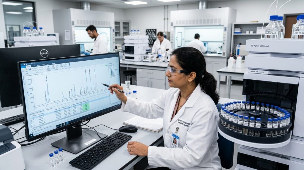 Indian analytical chemist reviewing HPLC chromatogram and sample vial tray in NABL lab